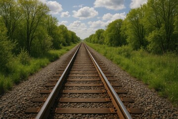 Fototapeta premium Scenic railway through lush forest.