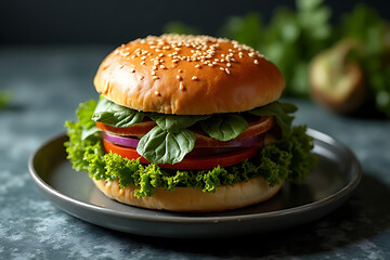 single elegant sandwich served with side greens, artistically plated on a textured surface with spacious background for product display 