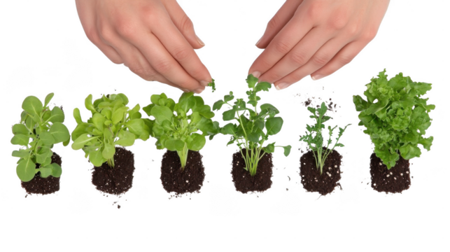 Various young greens and herbs are being carefully tended to by hands, highlighting the nurturing process in gardening