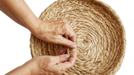 Hands skillfully weave a basket using natural fibers, showcasing traditional craftsmanship in a bright workspace