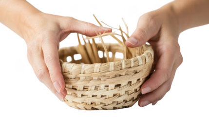 Hands are carefully working on weaving a wicker basket using natural fibers for a traditional craft project