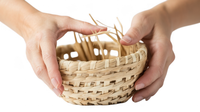 Hands are carefully working on weaving a wicker basket using natural fibers for a traditional craft project