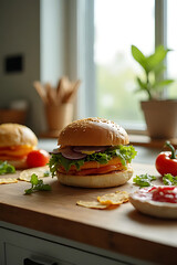 sandwich in preparation on a kitchen counter with ingredients laid around, natural lighting from the window, background softly faded to white 