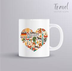 Vector heart-shaped composition of German landmarks, traditions and culture on a coffee mug mockup. Includes national flag, Brandenburger Gate, food, costumes, beer and pretzels. 