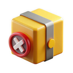 Yellow 3d cube with red x symbol and gray band isolated on transparent background