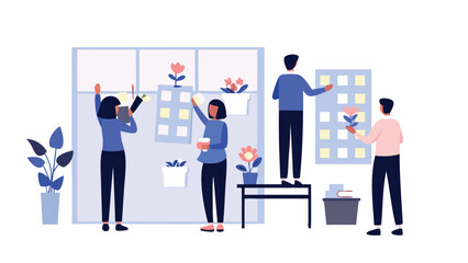 People decorating office space with plants and notes on the wall in a bright and creative environment