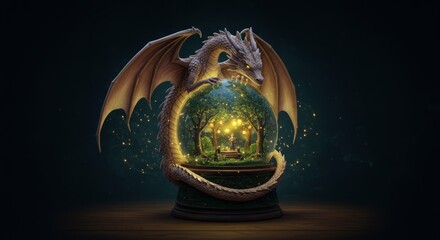 A glowing dragon curled protectively around a crystal globe containing
