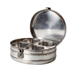 Antique indian masala dabba spice box with compartments and spoon isolated on transparent background