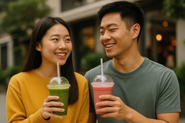Couple enjoying healthy smoothies outdoors.