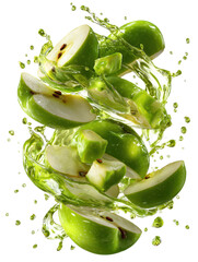 green apples swirling in light green apple juice splashes