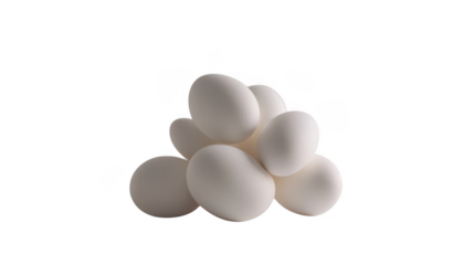 A cluster of white eggs is artfully stacked, emphasizing their smooth texture and simplicity in food design