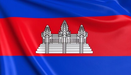 Vibrantly Waving Cambodian National Flag with Angkor Wat Silhouette