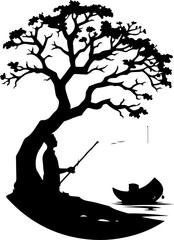 Fisherman Under Tree Silhouette Scene