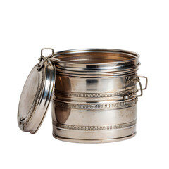 Ornate antique silver tin canister with hinged lid and secure latch perfect for storing dry goods isolated on transparent background