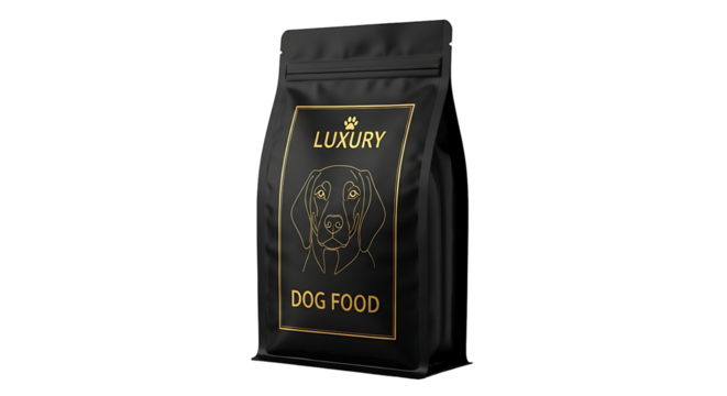 Sleek black resealable pouch of luxury dog food with elegant gold foil lettering and a line art illustration of a dogs head. PNG Transparent Background