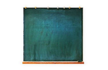 Fototapeta premium Empty chalkboard isolated on white background. Vintage green blackboard with wood ledge and faded chalk marks. 
