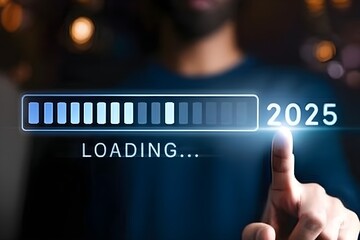 Man Touching Digital Loading Bar for New Year 2025 Indicating Progress and Future Technology