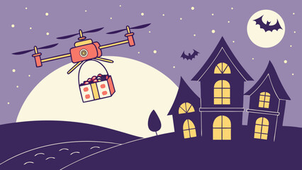 A halloween drone delivers candy to spooky houses under a full moon with bats flying in the night sky