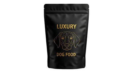 Elegant matte black pouch of luxury dog food with a gold foil line art dog logo. PNG Transparent Background