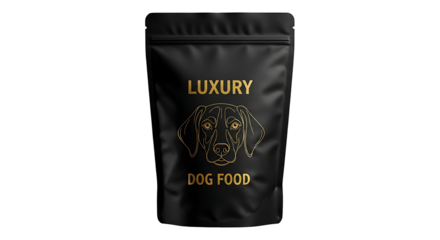 Elegant matte black pouch of luxury dog food with a gold foil line art dog logo. PNG Transparent Background