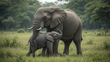 3d elephants in the wild, baby, a large adult elephant with two baby elephants walking through a lush green field