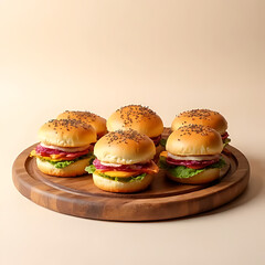 Several mini sandwiches with colorful toppings on a wooden tray, placed on a neutral soft background with intentional empty zones for design use