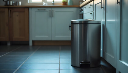 Stainless steel trash can mounted on kitchen wall in modern interior
