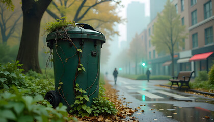 green trash can placed in a public park surrounded by nature