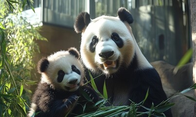Fototapeta premium Giant panda and panda cub cuddling in the wild with bamboo, representing the beauty of wildlife and natural harmony, Generative AI