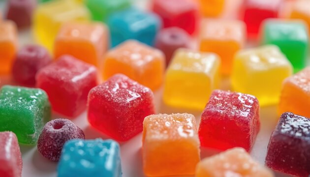Close-up of assorted colorful cube-shaped jelly candies. Vibrant gummy treats with a glossy, sugary texture and translucent appearance. Perfect for confectionery, dessert, or sweet snack themes.