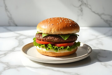 delicious sandwich on a modern ceramic plate, placed on marble background with elegant light and shadow play, wide open space in the frame 