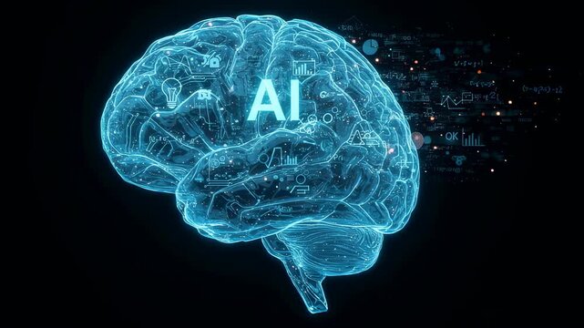 Blue glowing artificial intelligence brain with circuit patterns and data flowing out. Concept of machine learning and future technology footage.