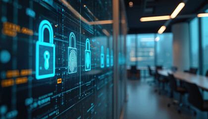 Futuristic office security system displays digital padlocks, fingerprint access control on glowing neon interface. Modern technology secures corporate workspace data with biometric authentication,