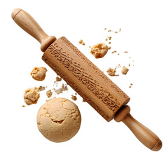 Vintage wooden rolling pin with ornate floral pattern and scattered cookie dough pieces isolated on transparent background