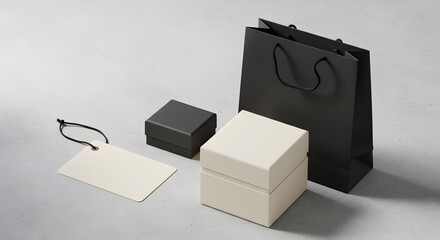 Black Shopping Bag, Product Boxes, and Blank Tag on Grey Background Mockup