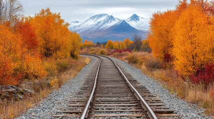 Obraz premium Autumnal railway track leads to snowy mountains