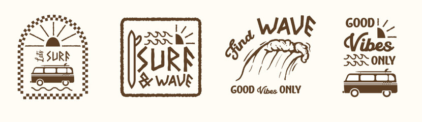 Retro surf club badge collection. Vintage vector emblems for t-shirt prints, beachwear design, summer logos, and coastal branding projects