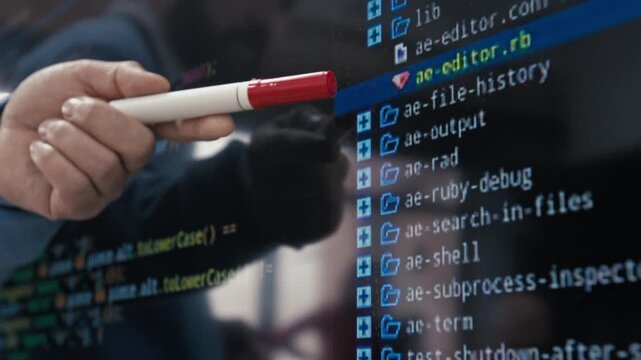 Close-up shot of hand of anonymous male programming teacher holding red marker pen pointing at multimedia screen with computer code, explaining variables and structures during lesson