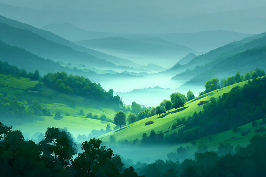 dawn mist drifting over deep green valley - Powered by Adobe