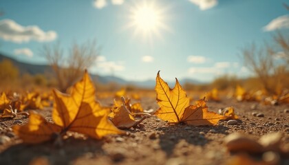 Autumn leaves on the ground under bright sun. Dry foliage shows impact of rising global temperatures and water scarcity. Nature, drought, and climate change concepts visualized.