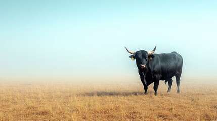 Black bull in a field of dried grass, misty background