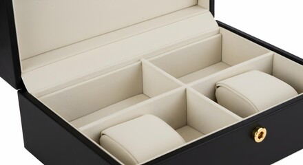 Close-up of black luxury jewelry box with multiple cream compartments and watch pillows.