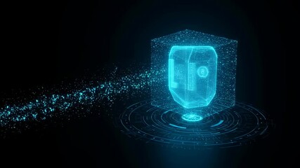 Blue AI shield symbol inside 3d digital cube with data flow on black background for artificial neural network footage. - Powered by Adobe