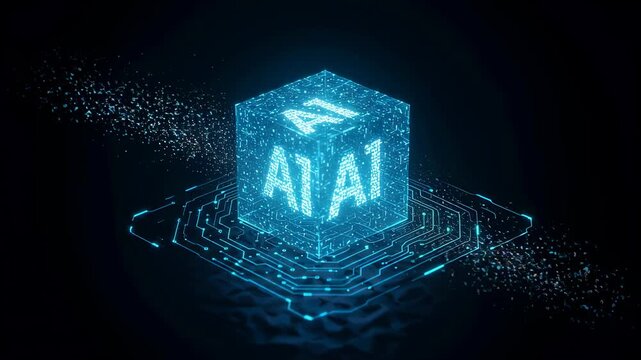 Glowing AI cube on circuit board. Artificial intelligence concept of digital data processing and future technology footage.