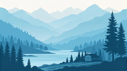 Snow-covered winter mountain landscape with a pine forest valley under a cloudy sky