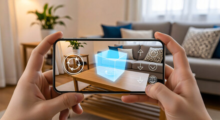 Augmented Reality Home Decor: Phone View of 3D Cube Overlayed in Living Room