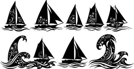 Silhouette of a sailboat on waves with floral elements
