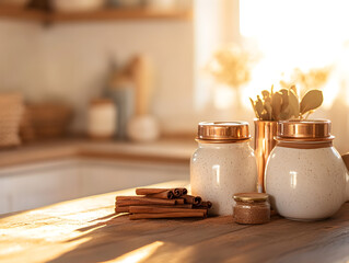 Warm spices glisten with soft light on wooden surface. Natural, cozy setting for branding, social media, or kitchen product photography.