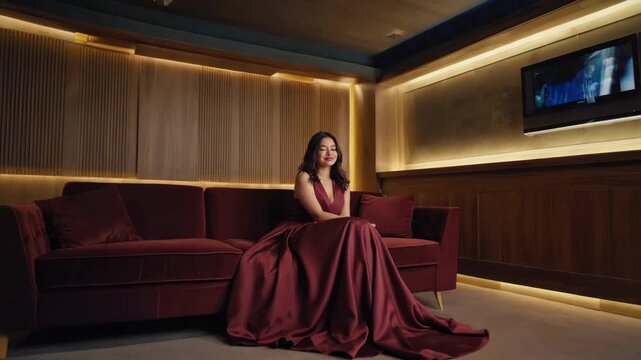 Woman in burgundy gown sitting on velvet sofa in luxurious room