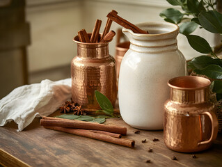 Warm, rustic decor features cinnamon sticks, white pitcher, copper mugs on wood; suits product photography, seasonal branding, recipe visuals.